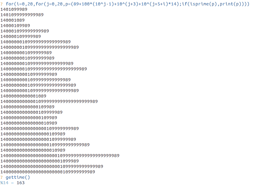 Schermata di uso del programma gp-pari, si vede la riga di comando suggerita nel messaggio e una lista di 31 numeri fornita come risultato. Successivamente l'operazione "gettime" fornisce il risultato 163, in millisecondi.